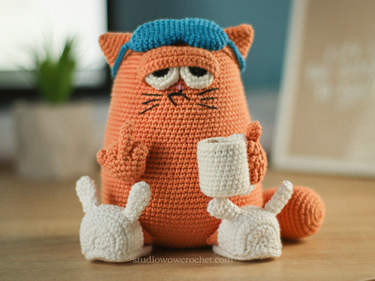 Crochet Pattern: Sleepy Cat with Coffee - Digital Download