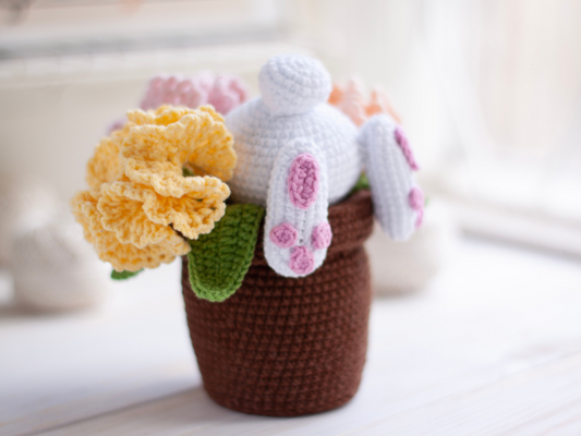 Crochet patterns Easter Bunny in a pot of carnations PDF / Instant Download tutorial